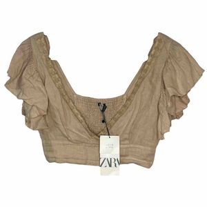 Zara Lace V Neck Cropped Top 100% Linen Women’s Size Small Beige Ruffle Sleeve